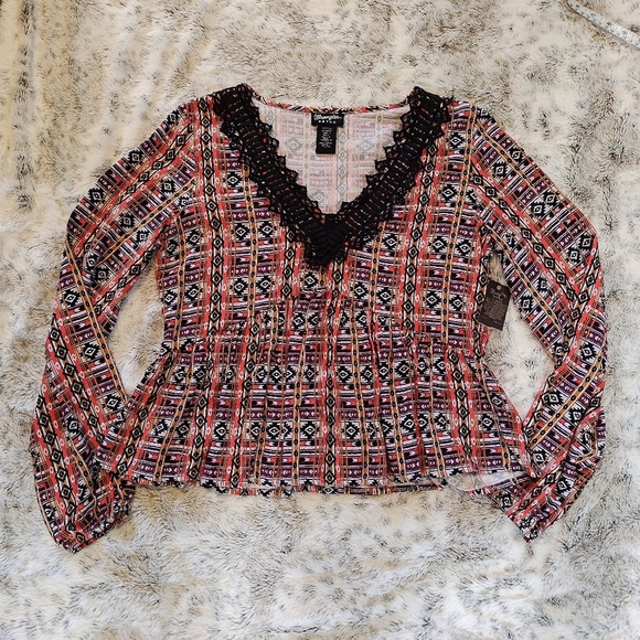 Wrangler Geometric Multicolor Patterned Black Lace V-neck Long Sleeve Top Smal - Picture 3 of 13